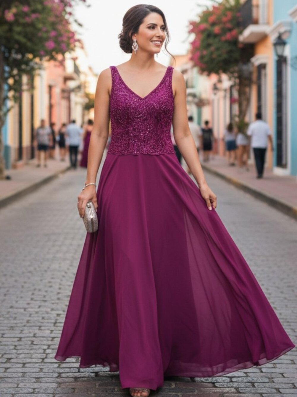 Cameron Blake 116654 Beaded Lace Chiffon Gown Dark Raspberry MOB Formal Sz 6